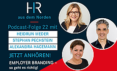 Eine Ankündigung mit drei Porträtfotos von lächelnden Personen. Der Text fordert auf, einen Podcast anzuhören.
