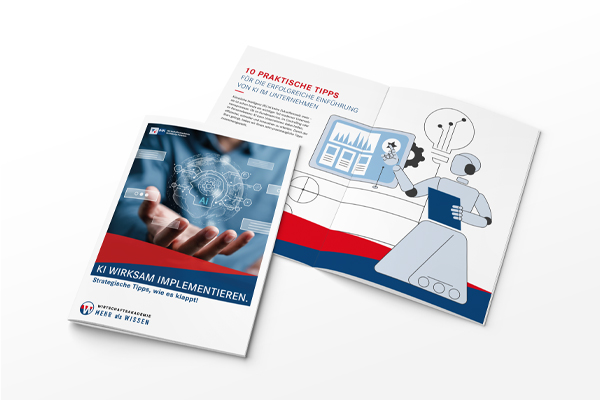 Whitepaper "KI wirksam implementieren" als aufgeklappte Broschüre